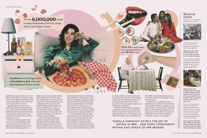 Colorful lifestyle illustration by Debora Islas featuring a woman with pizza and musical motifs