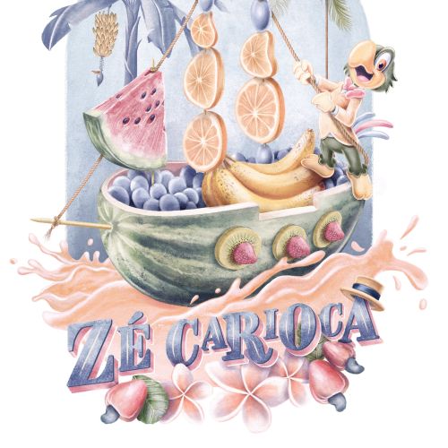 Whimsical fruit boat with child fishing, tropical fruits, and birds by Debora Islas