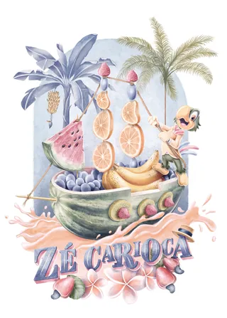 Whimsical fruit boat with child fishing, tropical fruits, and birds by Debora Islas