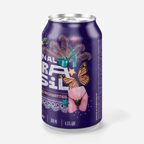 Purple can with surreal illustration of woman holding a gift and butterfly wings