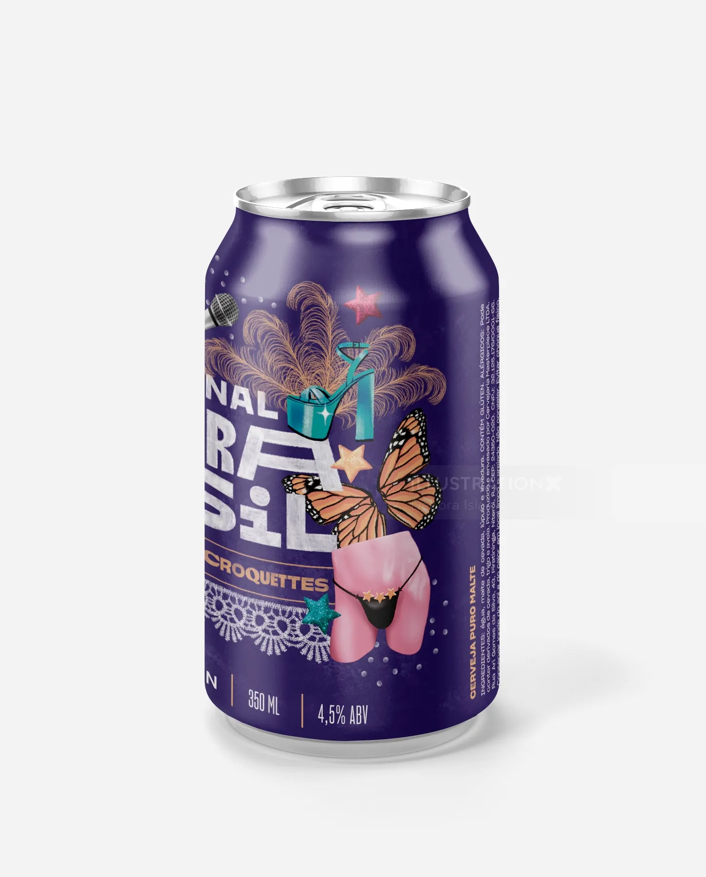 Lila Dose mit surrealer Illustration einer Frau, die ein Geschenk hält, und Schmetterlingsflügeln