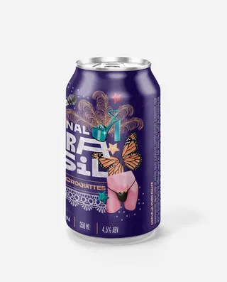 Purple can with surreal illustration of woman holding a gift and butterfly wings