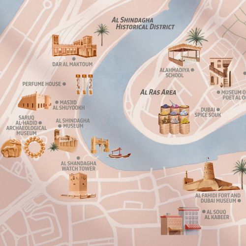 Map showing Dubai's cultural icons and architecture as well as geography