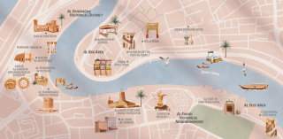 ドバイの文化的象徴や建築物、地理を示す地図