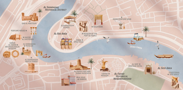Mapa mostrando os ícones culturais e a arquitetura de Dubai, bem como a geografia