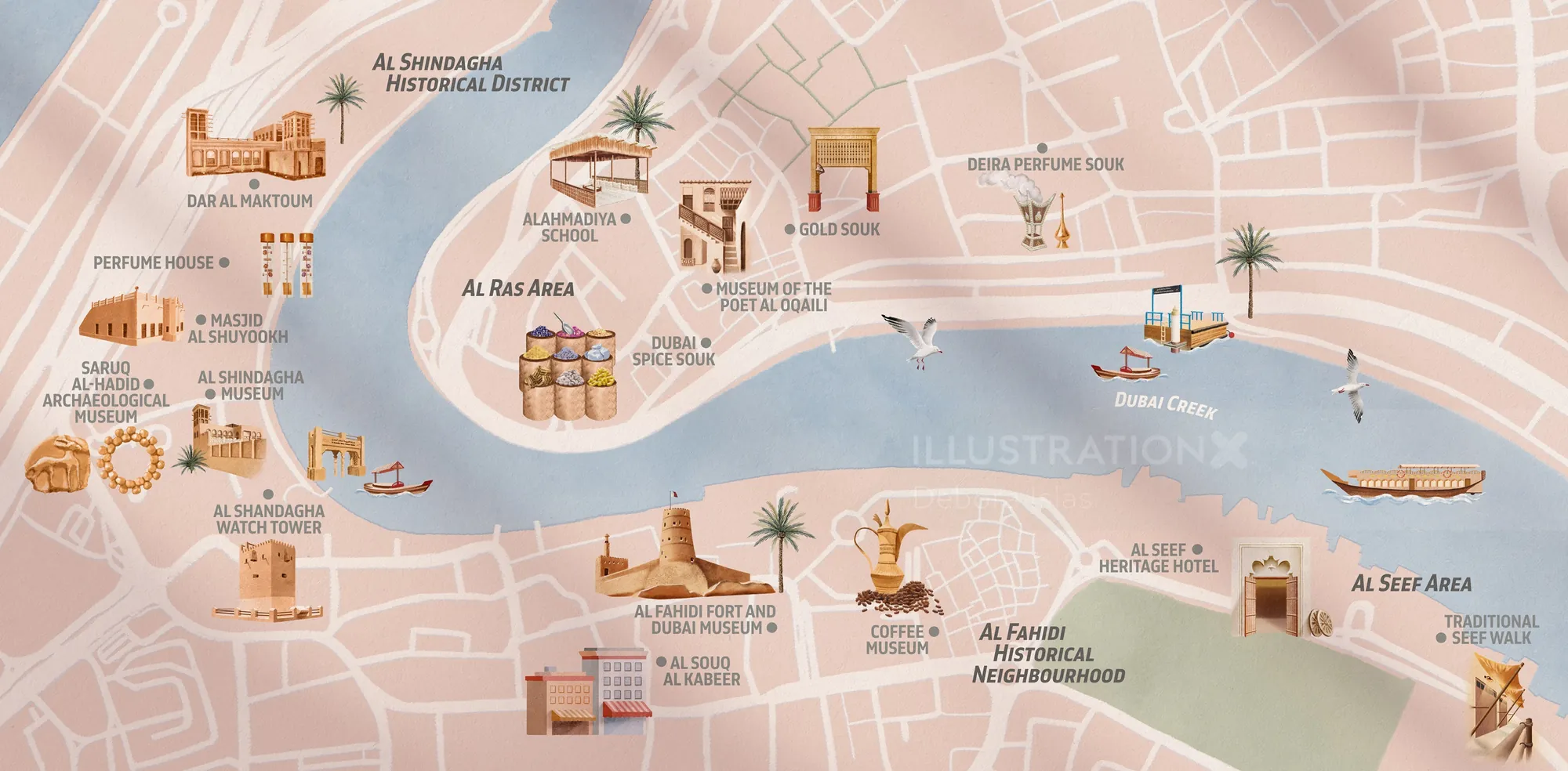 Map showing Dubai's cultural icons and architecture as well as geography