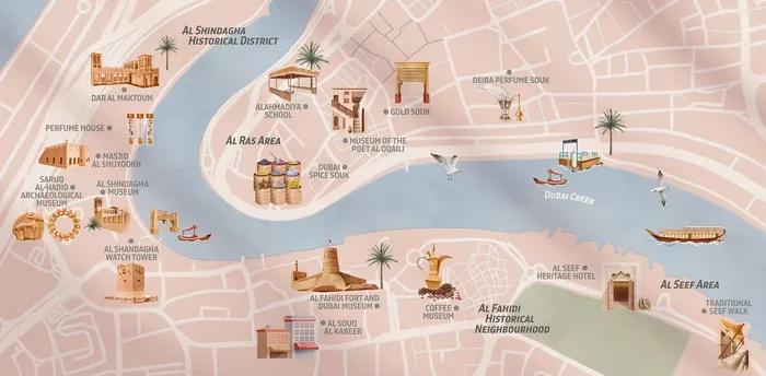 Map showing Dubai's cultural icons and architecture as well as geography