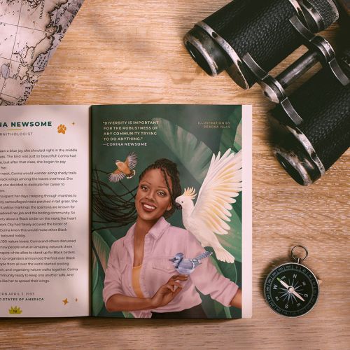 Open book with woman holding a white bird, map, magnifying glass, binoculars, compass on wooden tabl