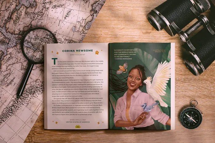Open book with woman holding a white bird, map, magnifying glass, binoculars, compass on wooden tabl
