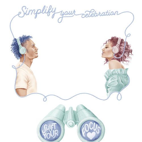 Man and woman wearing headphones with message simplify your celebration