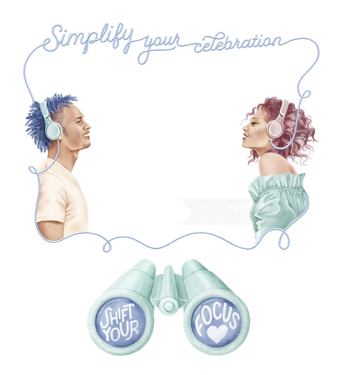 Man and woman wearing headphones with message simplify your celebration