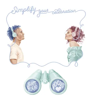 Man and woman wearing headphones with message simplify your celebration
