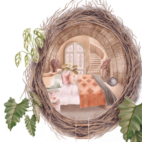 Bedroom scene seen through a bird nest with leaves and ladder