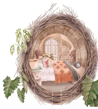 Bedroom scene seen through a bird nest with leaves and ladder