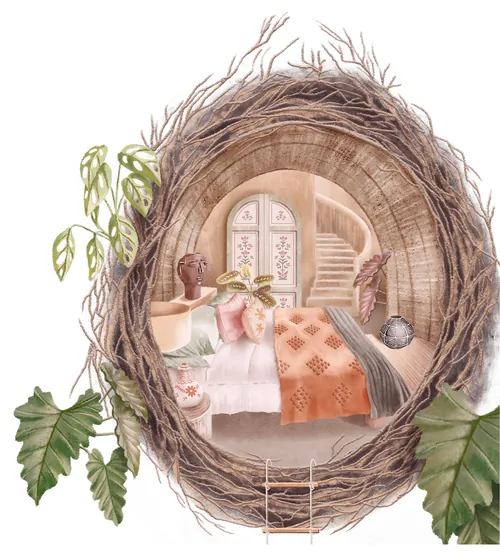 Bedroom scene seen through a bird nest with leaves and ladder