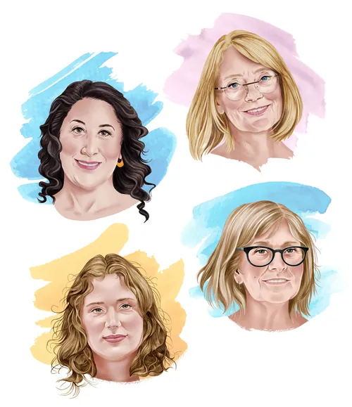Portraits of four diverse women with varied hairstyles and glasses