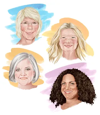 Portraits of four women with different hairstyles and skin tones on colorful backgrounds