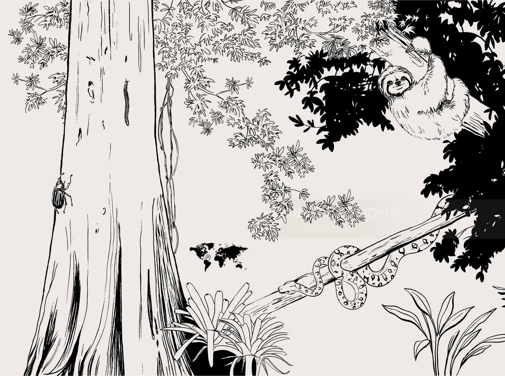 Monkey hanging from a tree branch in a black and white illustration.