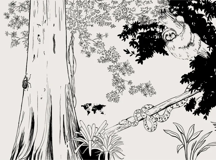 Monkey hanging from a tree branch in a black and white illustration.