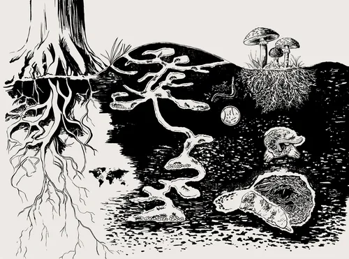 Underground tree roots and mushrooms in black and white illustration