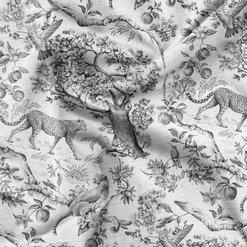 Black and white fabric featuring leopards and floral patterns