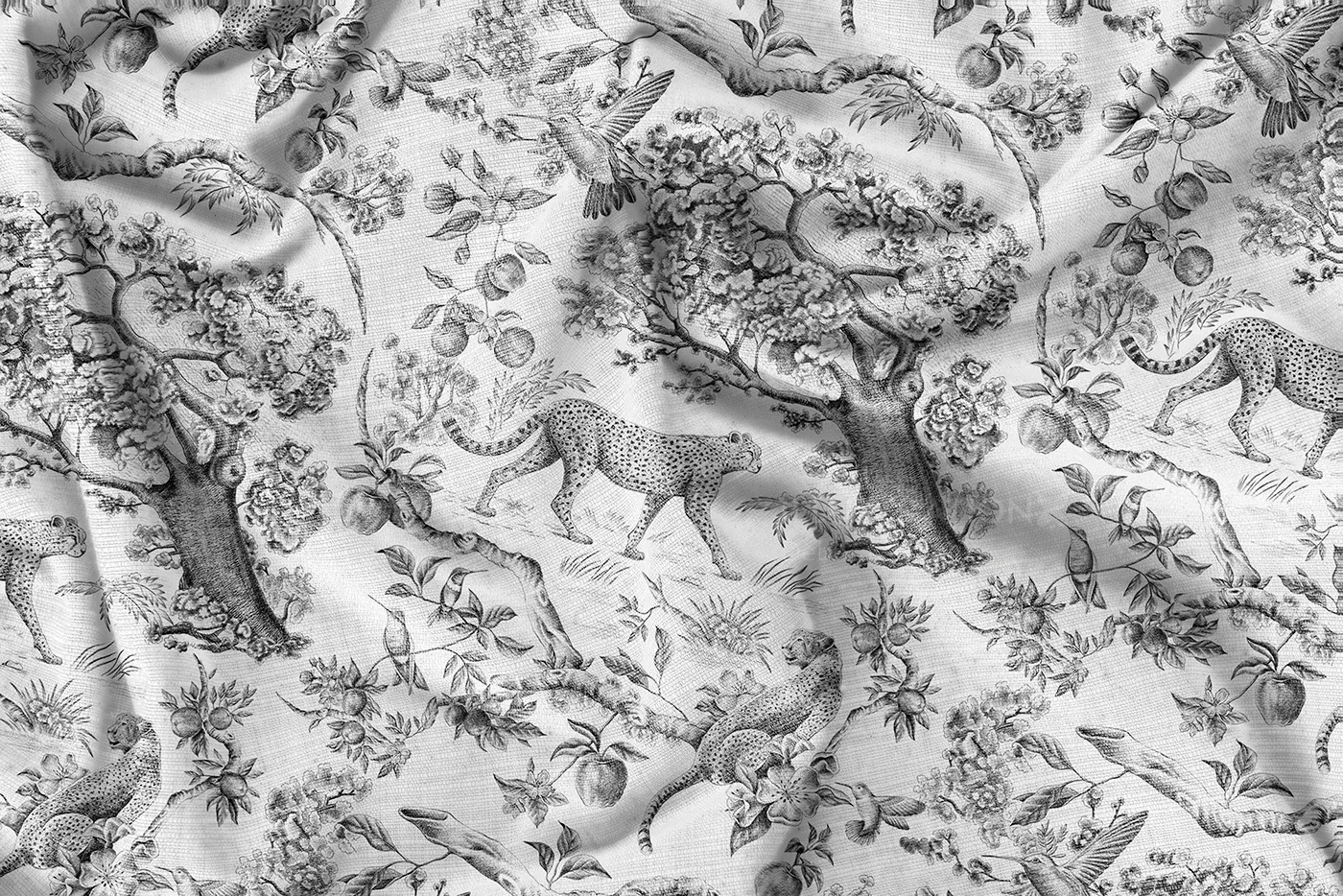 Schwarzer und weißer Stoff mit Leoparden- und Blumenmustern