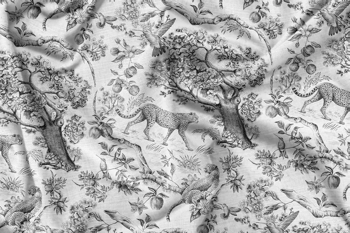 Black and white fabric featuring leopards and floral patterns