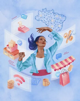 Woman surrounded by floating business and technology icons on blue background