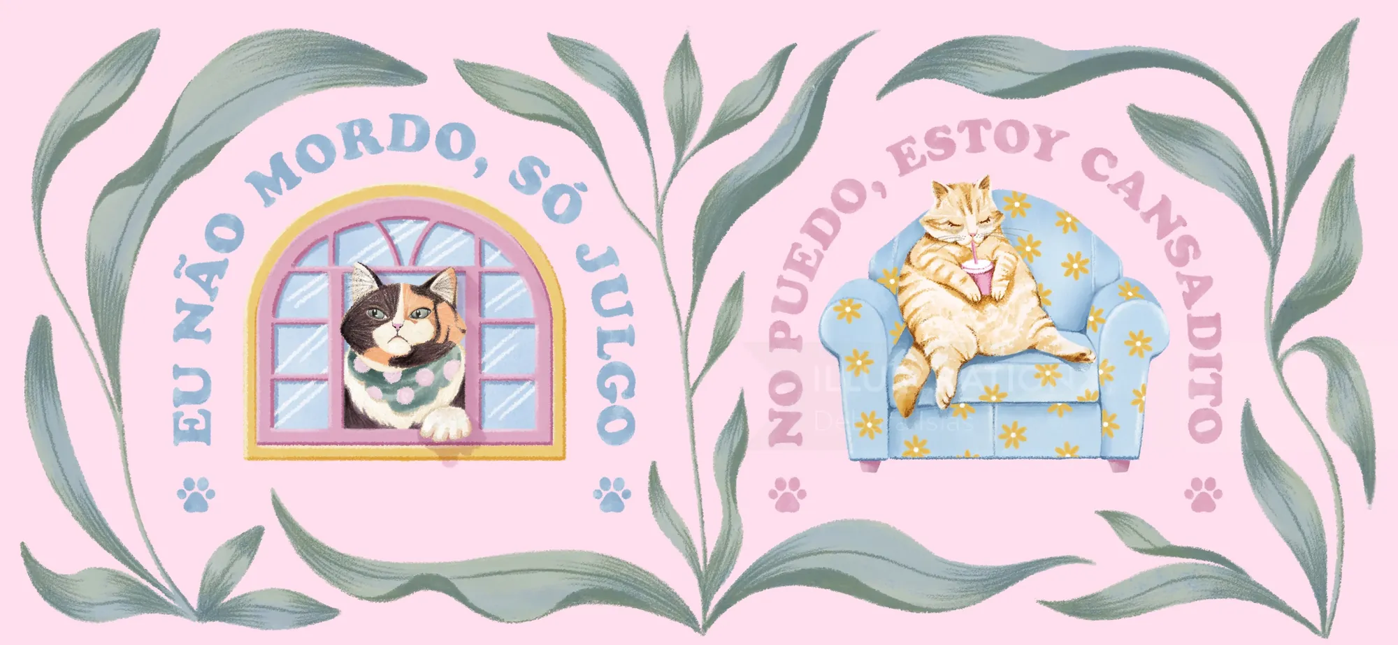 Two cute cats resting with Portuguese text about mood and tiredness