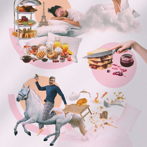 Woman sleeping in bed with desserts and man on white horse surreal collage