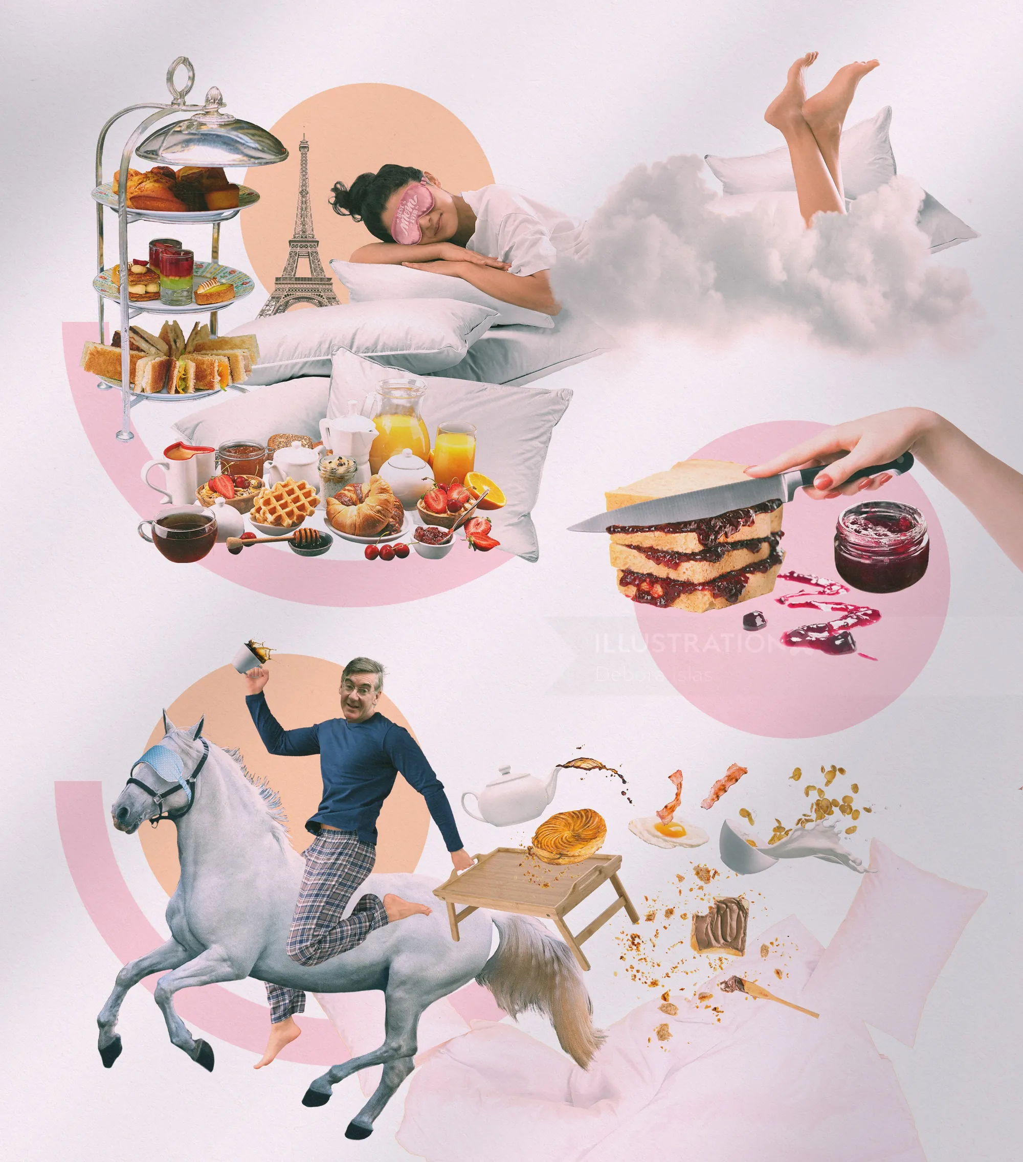 Frau schläft im Bett mit Desserts und Mann auf weißem Pferd – surreale Collage