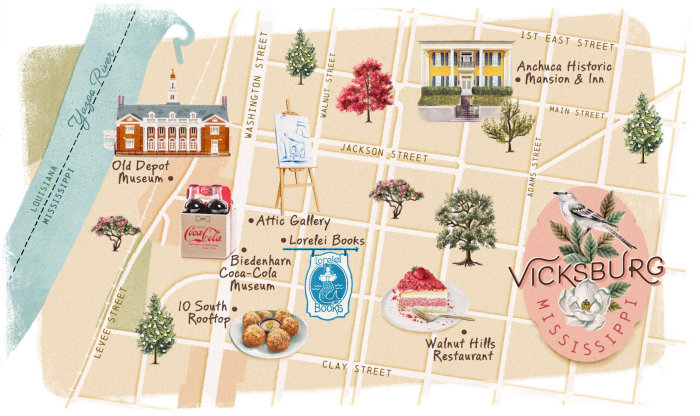 An illustrated map highlighting the main points of Vicksburg, Mississippi