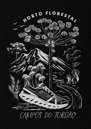 Floral sneaker with plants and mountains in black and white style