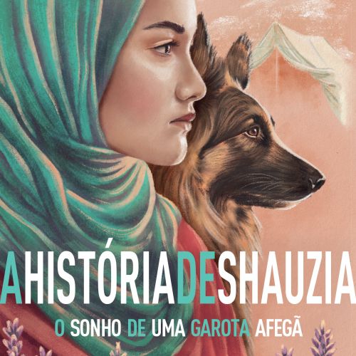 Girl wearing teal headscarf looking forward with German Shepherd dog