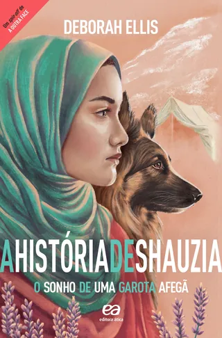 Girl wearing teal headscarf looking forward with German Shepherd dog