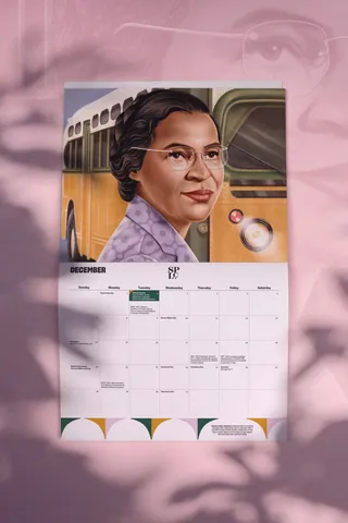 Rosa Parks portrait with bus and December 2023 calendar