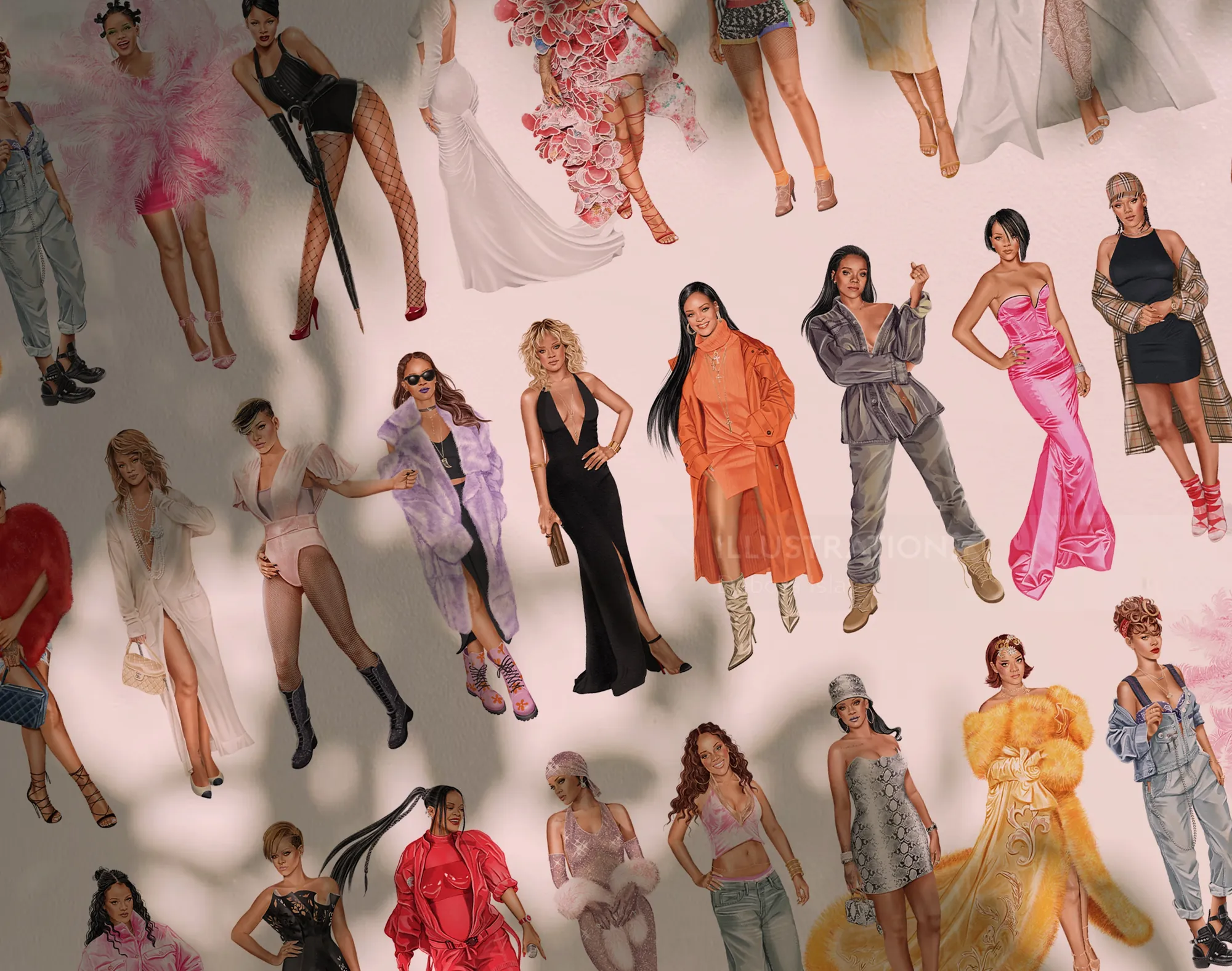 Diverse women modeling various fashionable outfits seen from above.