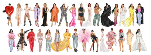 Group of women wearing diverse and fashionable clothing standing in a row.