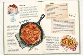 Cookbook open to jambalaya recipe with skillet photo and dessert illustration