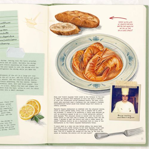 Cookbook open to crab croissant recipe with illustrations and chef photo