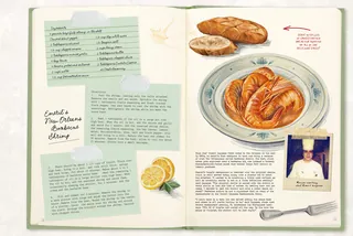 Cookbook open to crab croissant recipe with illustrations and chef photo