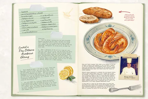 Cookbook open to crab croissant recipe with illustrations and chef photo