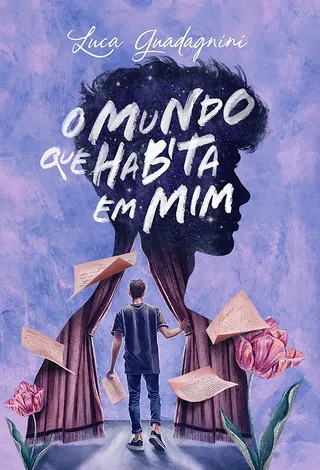 Boy walking into silhouette with papers flying and flowers around