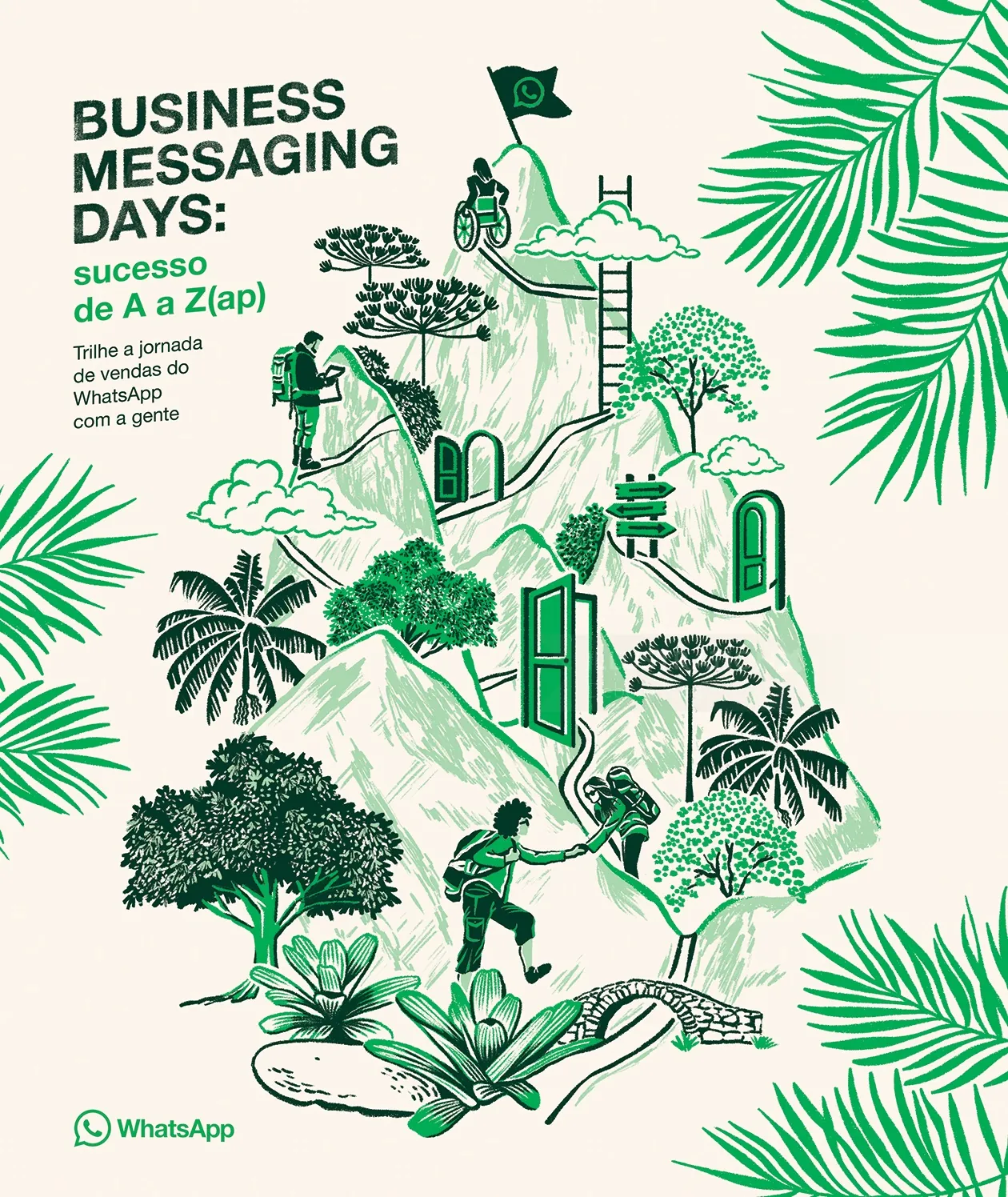 Illustration of people climbing a mountain with WhatsApp Business Messaging Days text