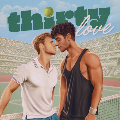 Two men about to kiss on a tennis court holding rackets by Debora Islas