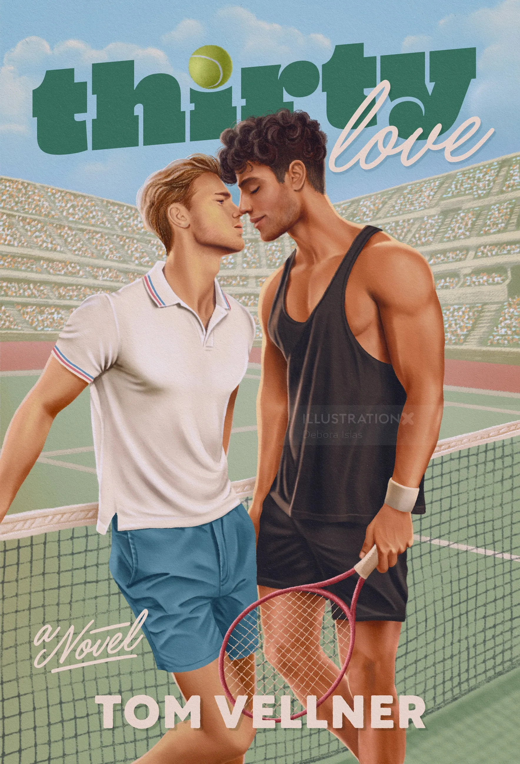 Two men about to kiss on a tennis court holding rackets by Debora Islas