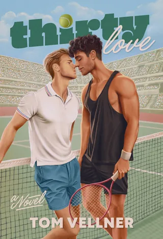 Two men about to kiss on a tennis court holding rackets by Debora Islas