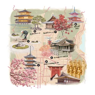 Illustrated map of Japanese landmarks by Debora Islas
