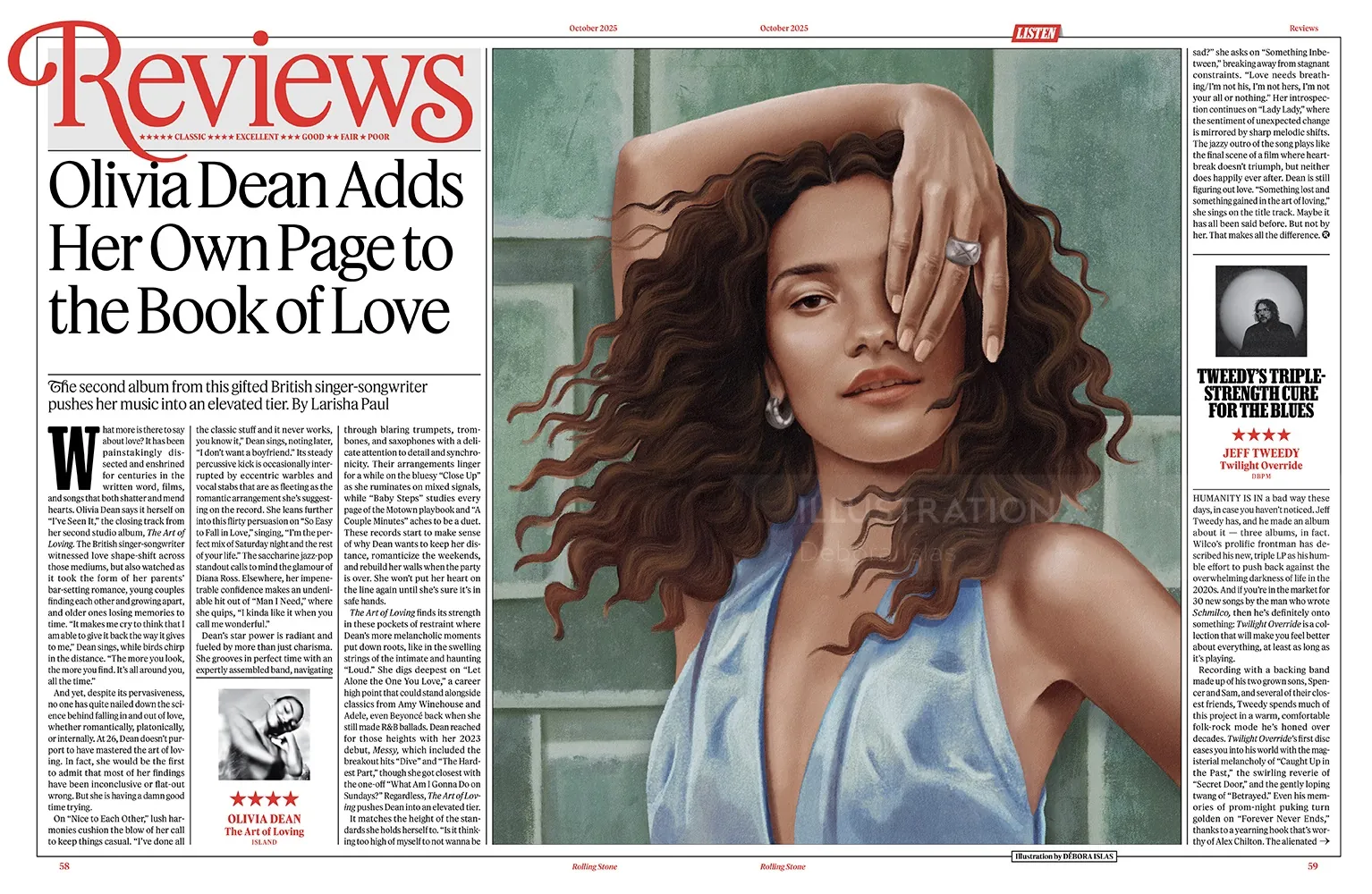 Illustrated portrait of a woman with curly hair and blue top by Debora Islas