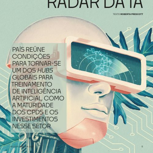 Futuristic person with virtual reality headset representing AI progress, by Debora Islas